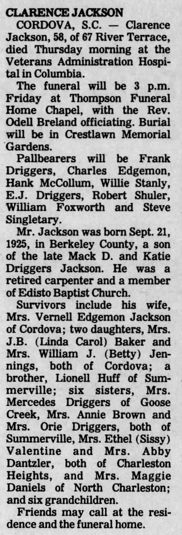 Clarence Jackson obit